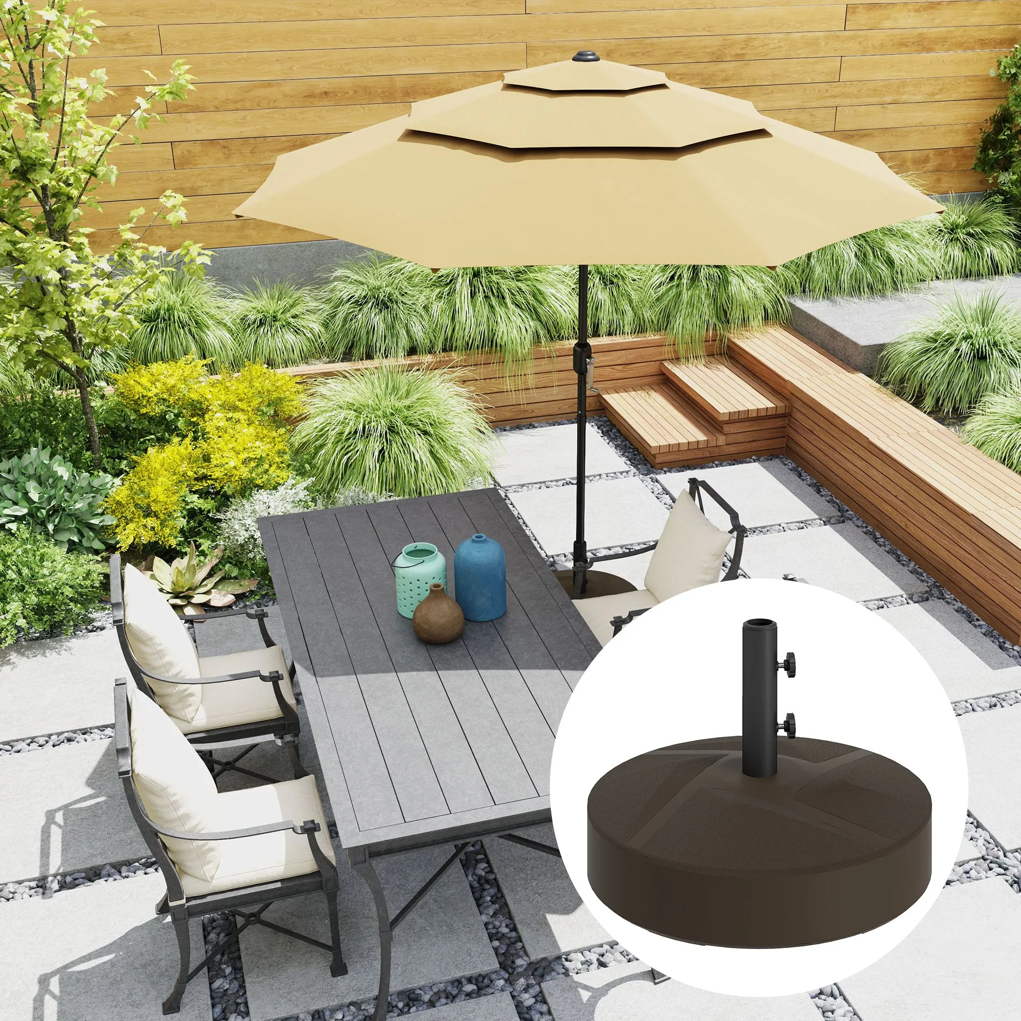 Patio Umbrella Base Holder, Heavy Duty Outdoor Umbrella Stand Base, Filled Up to 66lbs with Stand or 55lbs with Water for Garden, Poolside, Brown