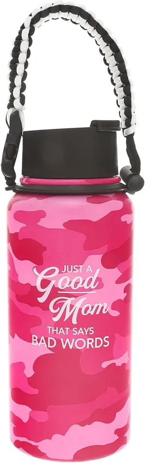 Pavilion Gift Company - Good Mom 32oz. Stainless Steel Water Bottle, Double Wall Tumbler Flask with Paracord Handle, Sports Water Cup, Gift For Mom, Mothers Day Gifts, Camouflage Bottle, 1 Count, Pink