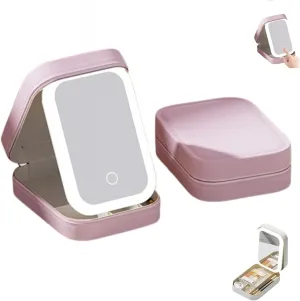 Periodicali Travel Makeup Mirror, Cosmetic Storage Box with 3 Color Modes, Portable LED Mirrors with Storage,Foldable, Dustproof (Pink)
