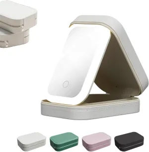 Periodicali Travel Makeup Mirror, LED Three-Color Adjustable Makeup Mirror, Leather Foldable Jewelry and Cosmetics Storage Box, Storage with Dividers, Makeup Case with LED Lighted (White)