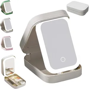 Periodicali Travel Makeup Mirror, Periodicali Travel Makeup Bag with Led Mirror, LED Three-Color Adjustable Makeup Mirror, Foldable Portable Periodicali Makeup Mirror(White)