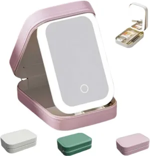 Periodicali Travel Makeup Mirror with Lights，Portable LED Makeup Mirror with 3 Color Modes, Makeups Mirrors with Storage, Dustproof Cosmetic Organizer(Pink)