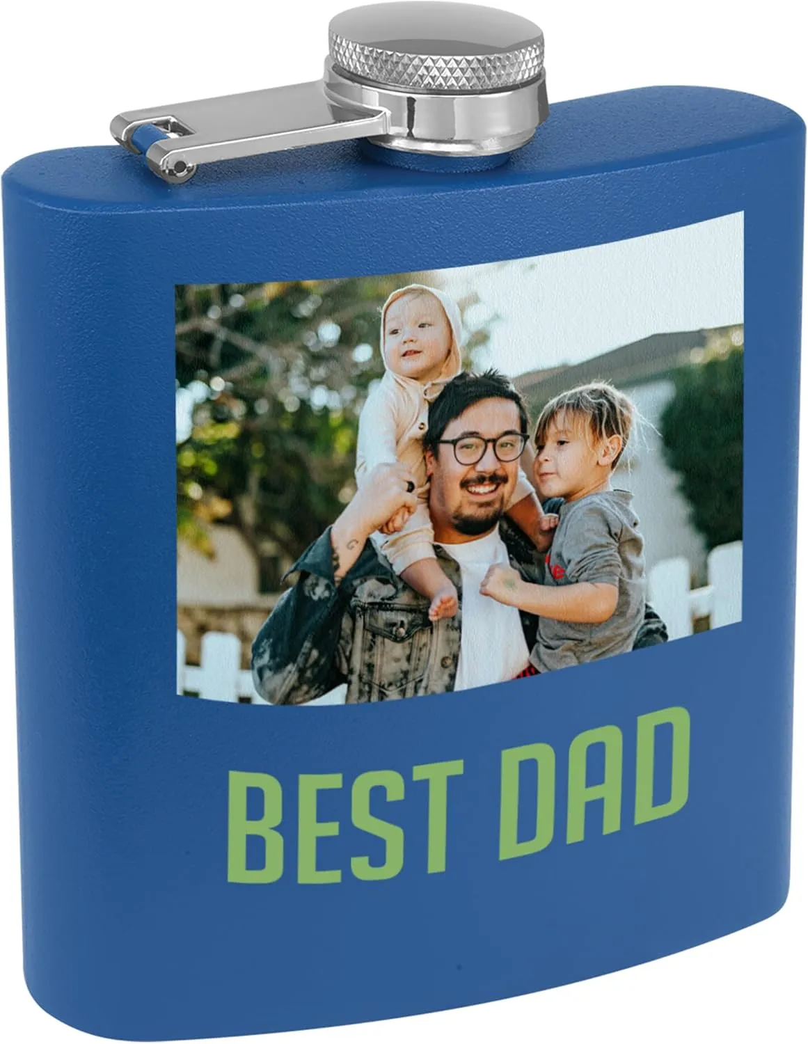 Personalized 6oz Stainless Royal Blue Flask - Printed Photo, Metal Hip Pocket Discreet Flask–Custom Novelty Groomsmen – Liquor Whiskey Gifts for Men Women, Image, Picture