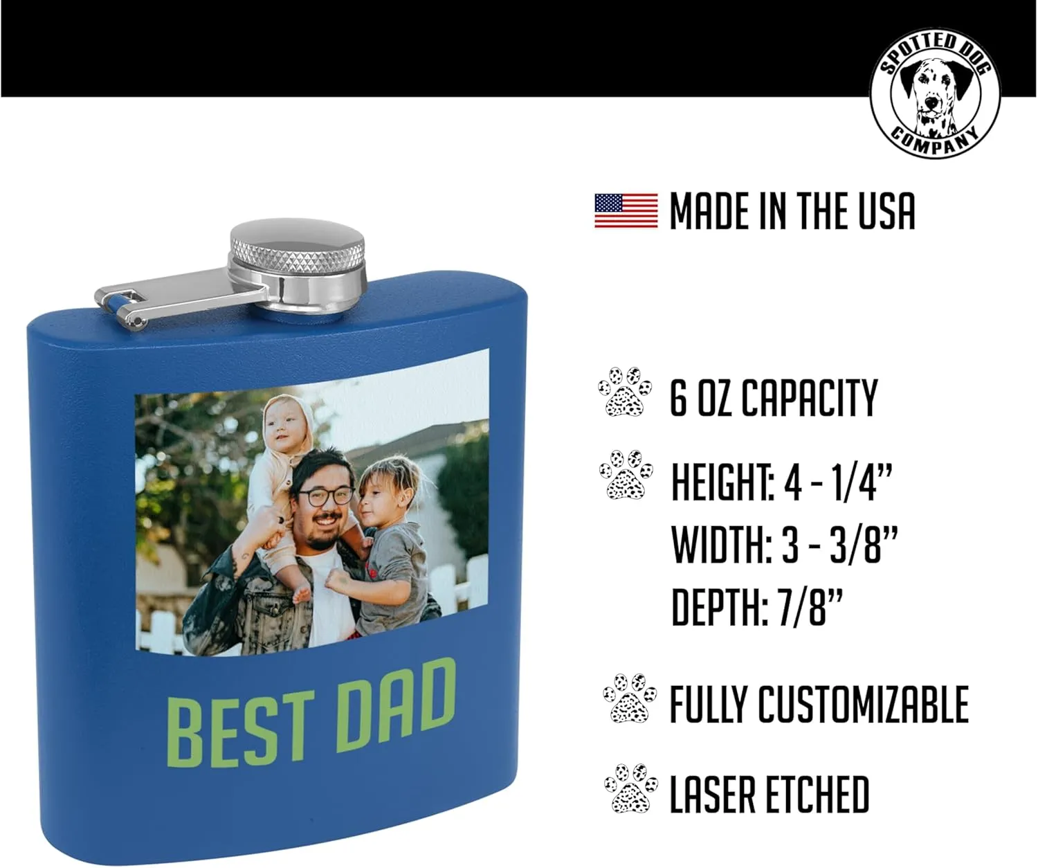 Personalized 6oz Stainless Royal Blue Flask - Printed Photo, Metal Hip Pocket Discreet Flask–Custom Novelty Groomsmen – Liquor Whiskey Gifts for Men Women, Image, Picture