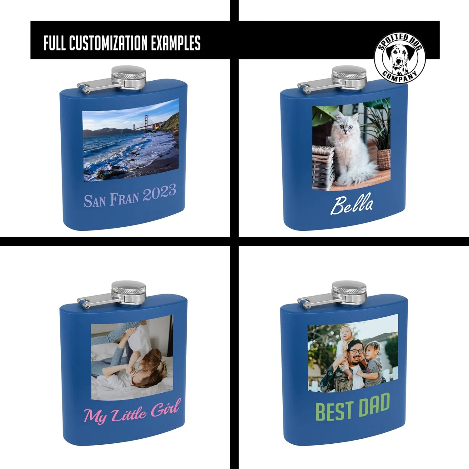 Personalized 6oz Stainless Royal Blue Flask - Printed Photo, Metal Hip Pocket Discreet Flask–Custom Novelty Groomsmen – Liquor Whiskey Gifts for Men Women, Image, Picture