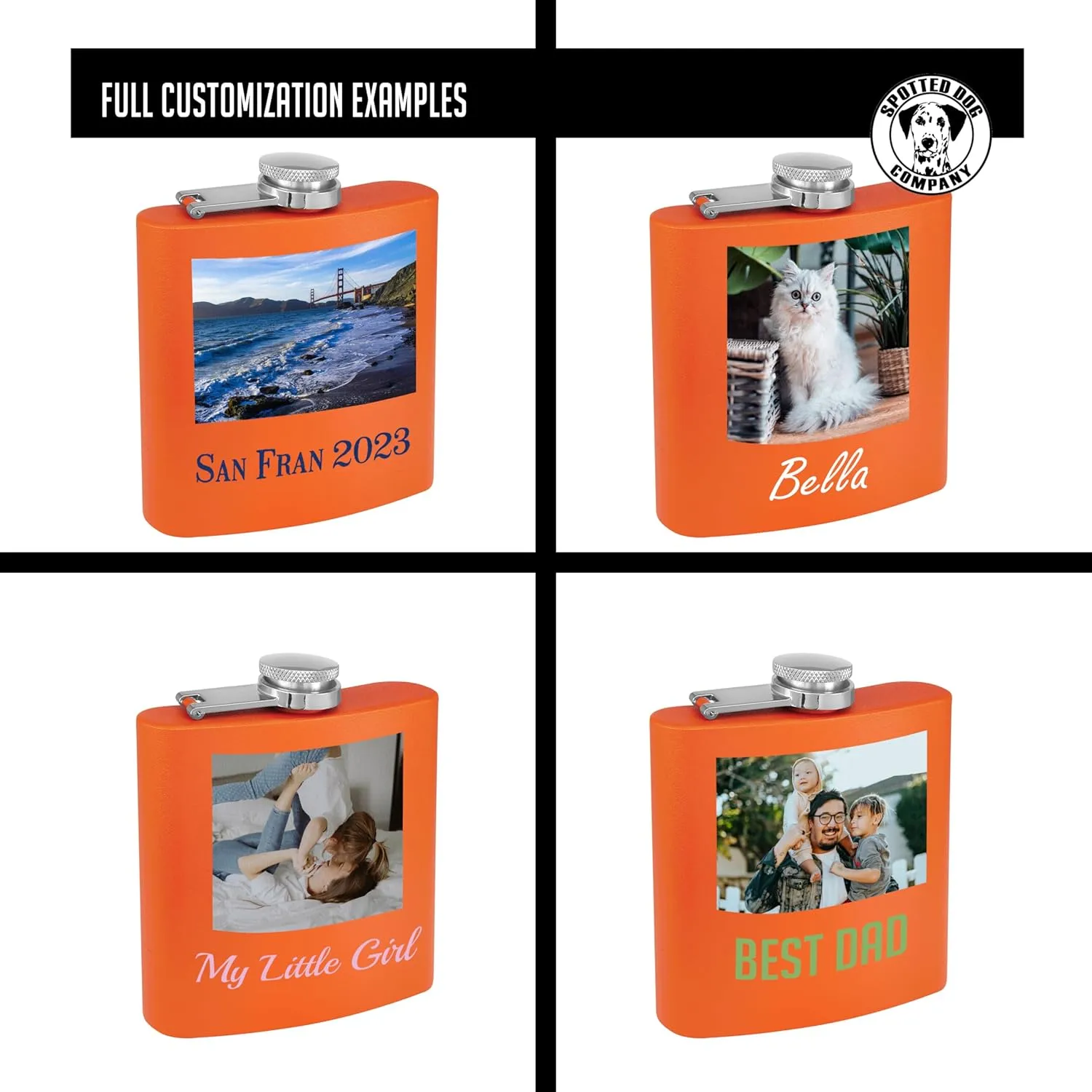 Personalized 6oz Stainless Steel Orange Flask - Printed Photo, Metal Hip Pocket Discreet Flask–Custom Novelty Groomsmen – Liquor Whiskey Gifts for Men Women, Image, Picture
