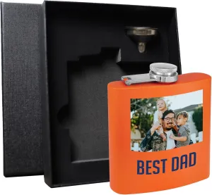 Personalized 6oz Stainless Steel Orange Flask - Printed Photo, Metal Hip Pocket Discreet Flask–Custom Novelty Groomsmen – Liquor Whiskey Gifts for Men Women, Image, Picture