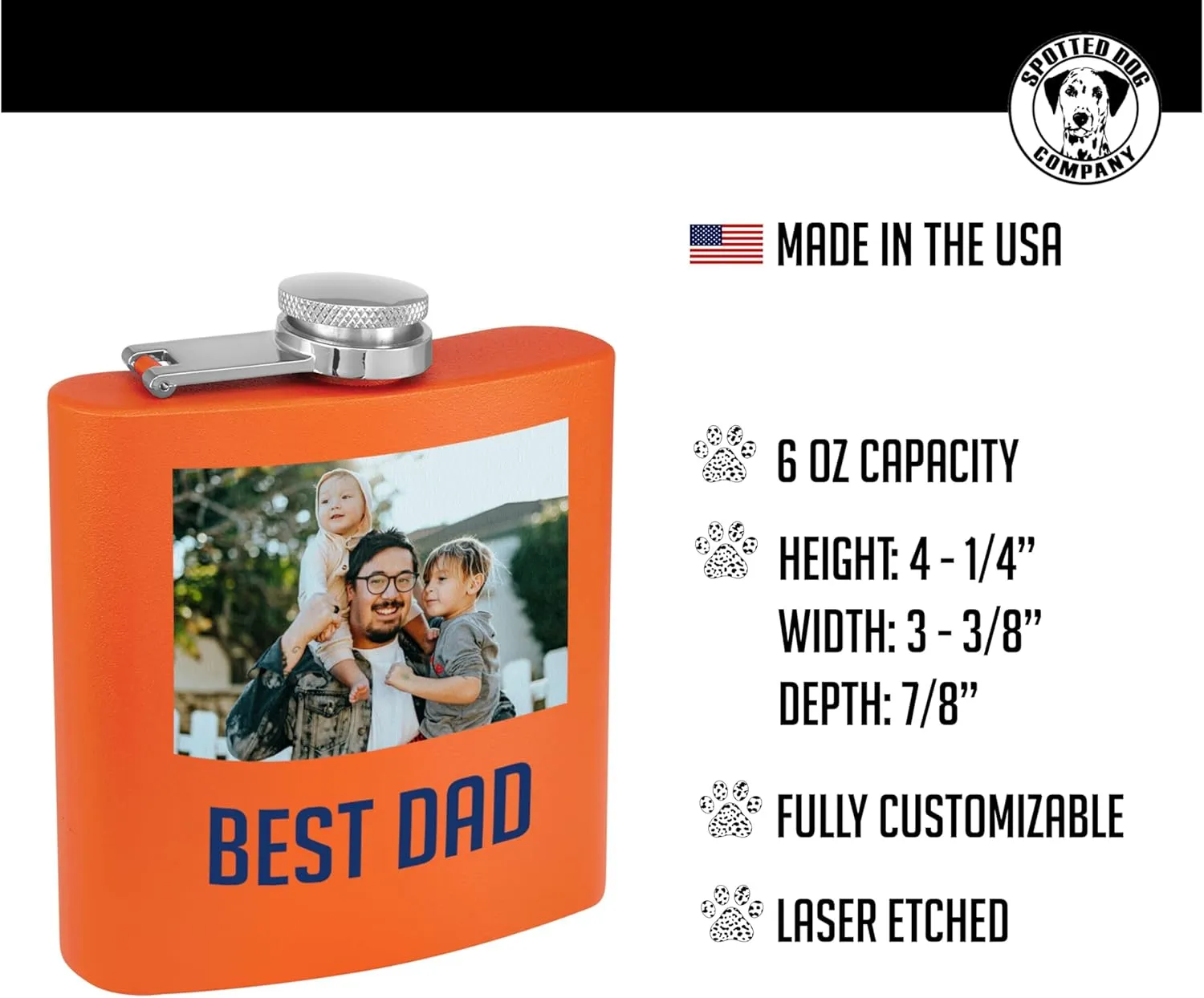 Personalized 6oz Stainless Steel Orange Flask - Printed Photo, Metal Hip Pocket Discreet Flask–Custom Novelty Groomsmen – Liquor Whiskey Gifts for Men Women, Image, Picture