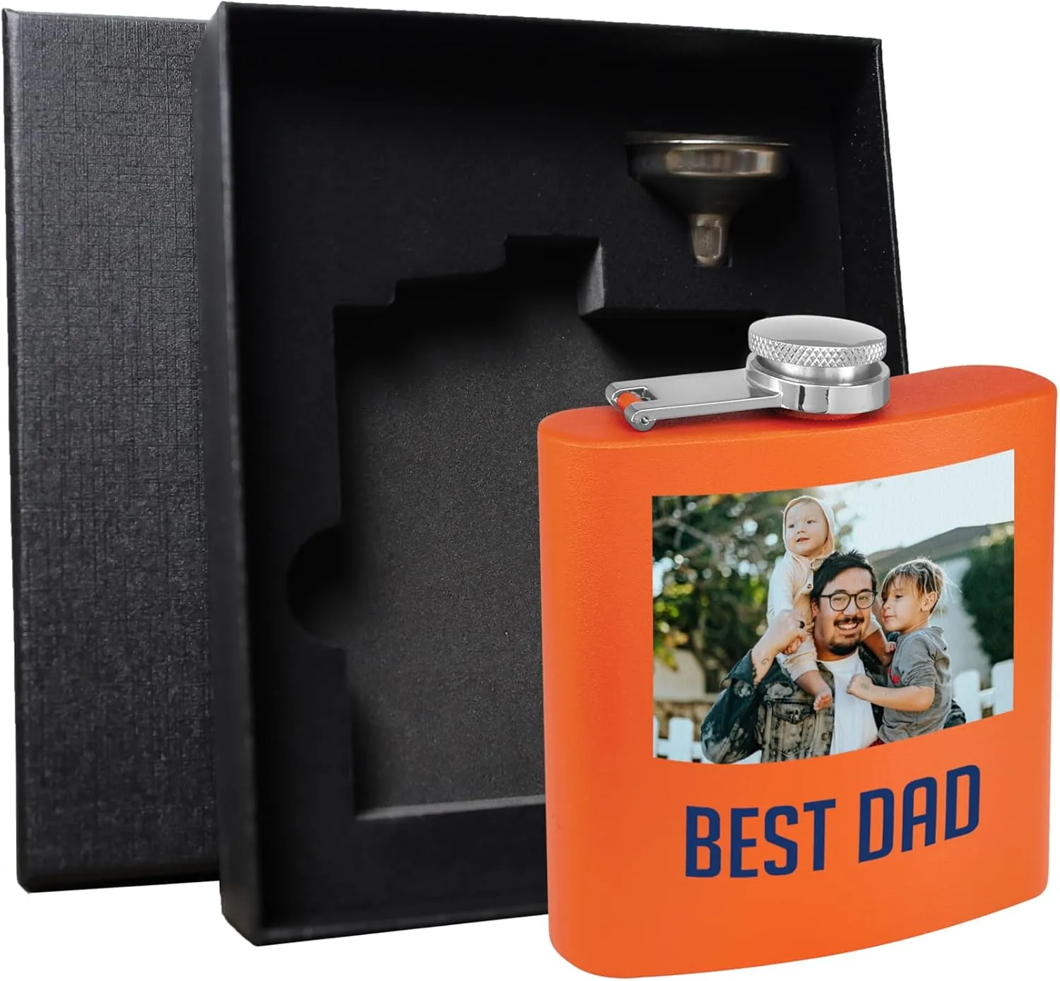 Personalized 6oz Stainless Steel Orange Flask - Printed Photo, Metal Hip Pocket Discreet Flask–Custom Novelty Groomsmen – Liquor Whiskey Gifts for Men Women, Image, Picture