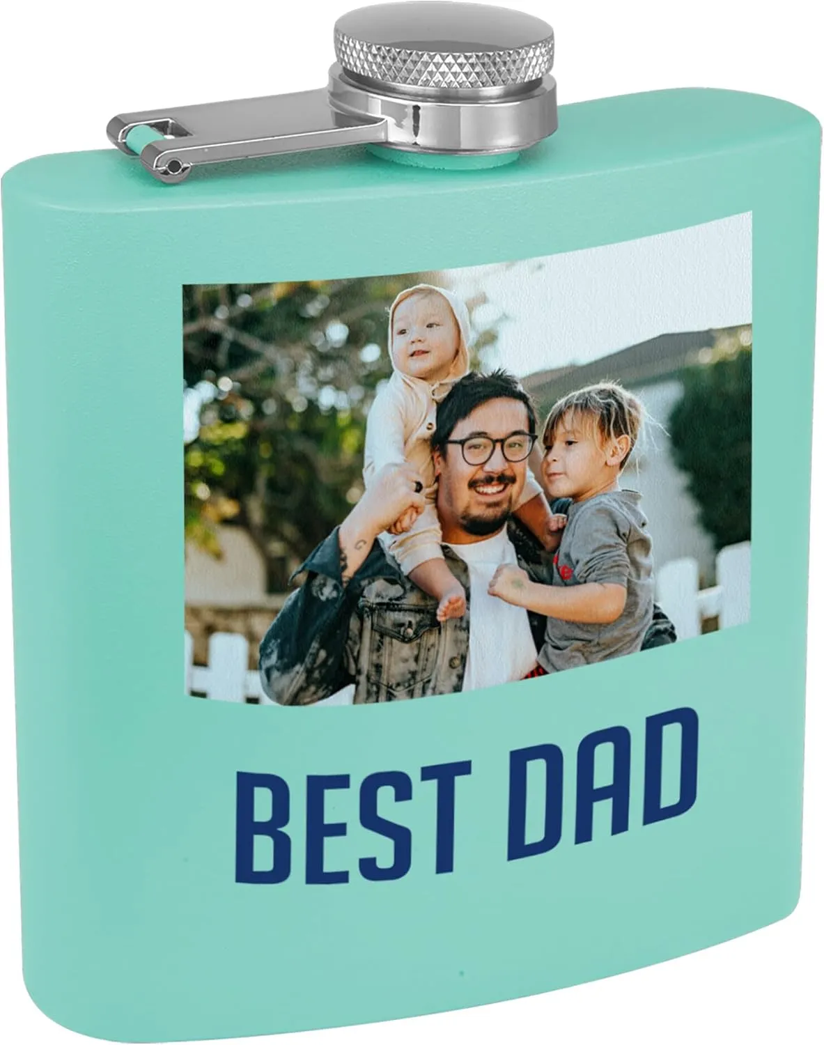 Personalized 6oz Stainless Steel Teal Flask - Printed Photo, Metal Hip Pocket Discreet Flask–Custom Novelty Groomsmen – Liquor Whiskey Gifts for Men Women, Image, Picture
