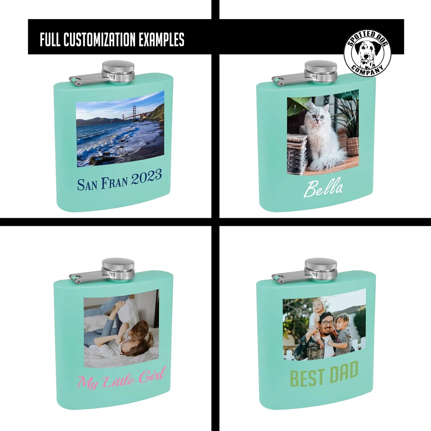 Personalized 6oz Stainless Steel Teal Flask - Printed Photo, Metal Hip Pocket Discreet Flask–Custom Novelty Groomsmen – Liquor Whiskey Gifts for Men Women, Image, Picture