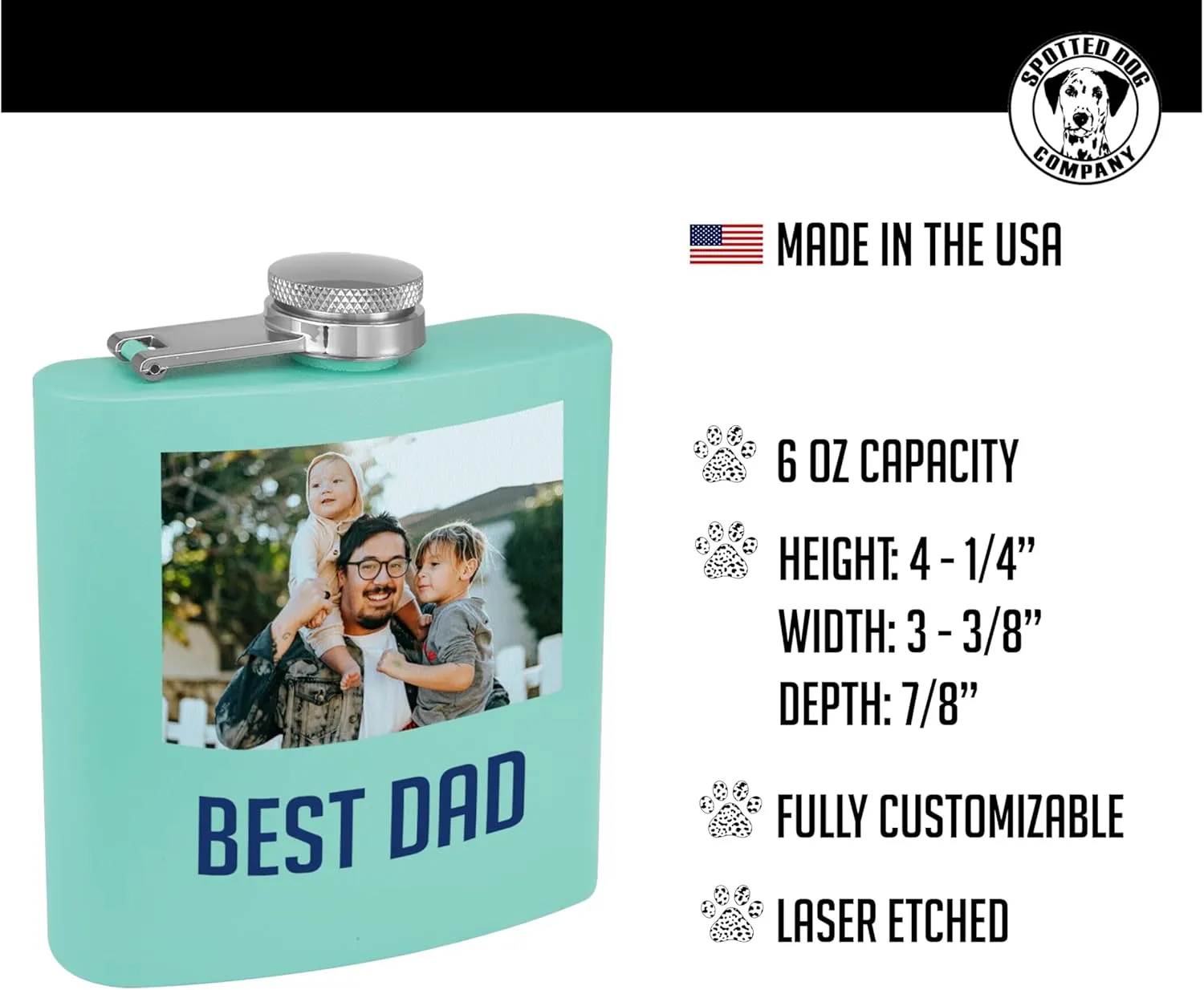 Personalized 6oz Stainless Steel Teal Flask - Printed Photo, Metal Hip Pocket Discreet Flask–Custom Novelty Groomsmen – Liquor Whiskey Gifts for Men Women, Image, Picture