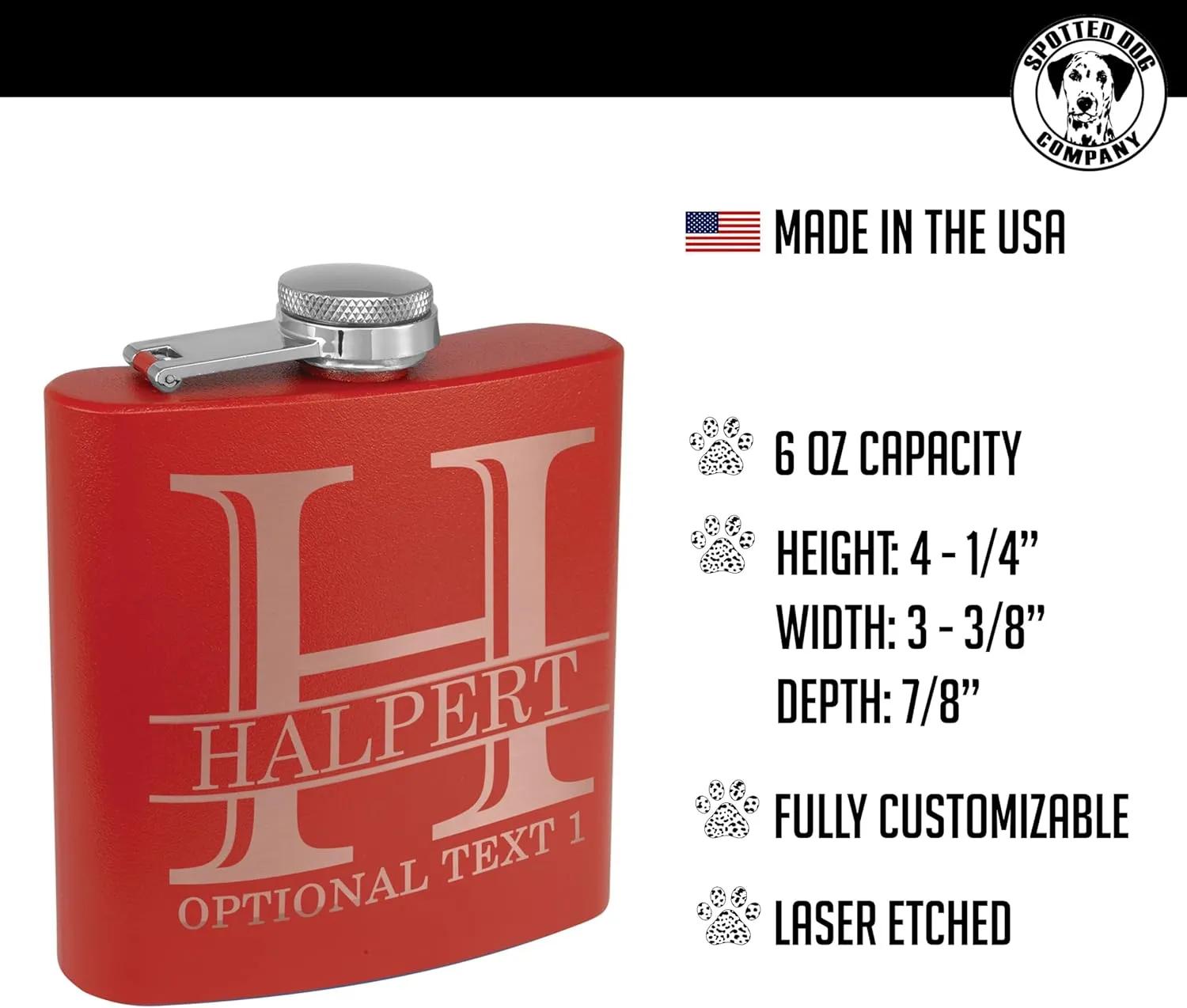 Personalized Etched 6oz Red Stainless Steel Flask – Halpert, Whiskey Gifts for Men - Metal Hip Pocket Discreet Flask – Custom Groomsmen Gifts – Whiskey Bourbon Gifts for Men Women, Engraved