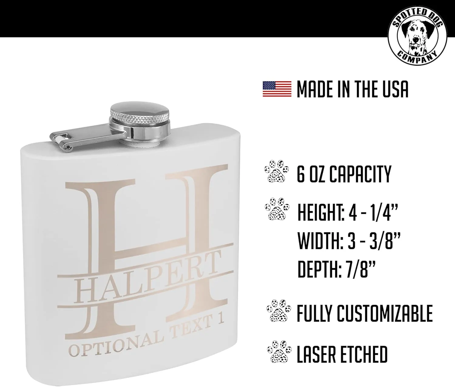 Personalized Etched 6oz White Stainless Steel Flask – Halpert, Whiskey Gifts for Men - Metal Hip Pocket Discreet Flask – Custom Groomsmen Gifts – Whiskey Bourbon Gifts for Men Women, Engraved
