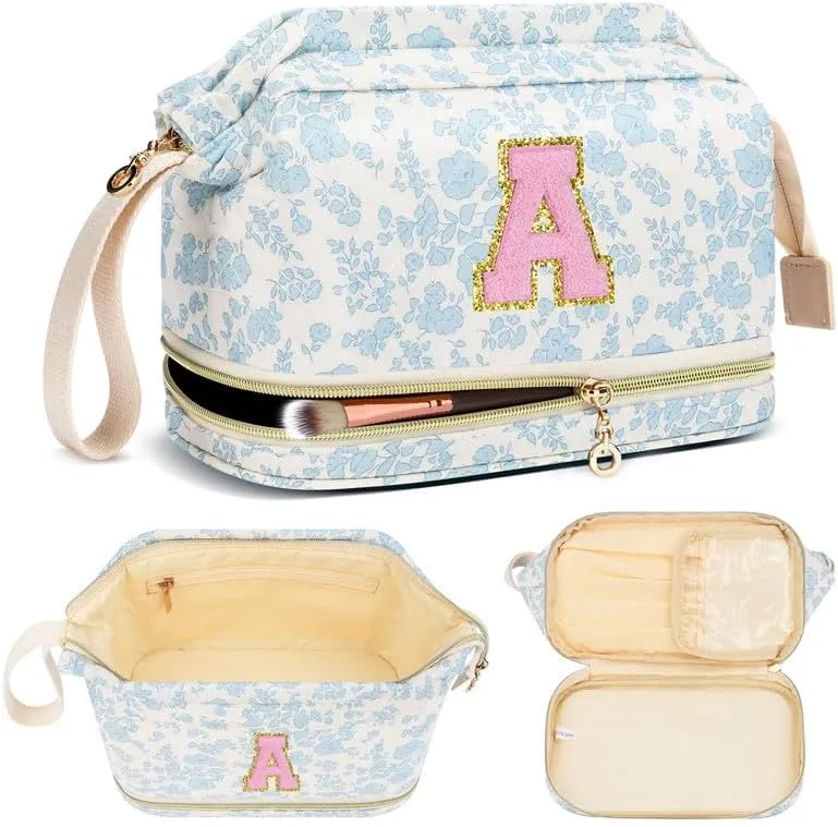 Personalized Makeup Bag Initial Graduation Gifts, Teen Girl Gifts Trendy Stuff Cosmetic Bag, Teacher Appreciation Gift, Travel Make up Bag for Women Dance Recital Gift for Girls - Blue flower A
