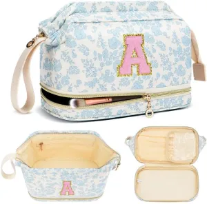 Personalized Makeup Bag Initial Graduation Gifts, Teen Girl Gifts Trendy Stuff Cosmetic Bag, Teacher Appreciation Gift, Travel Make up Bag for Women Dance Recital Gift for Girls - Blue flower A