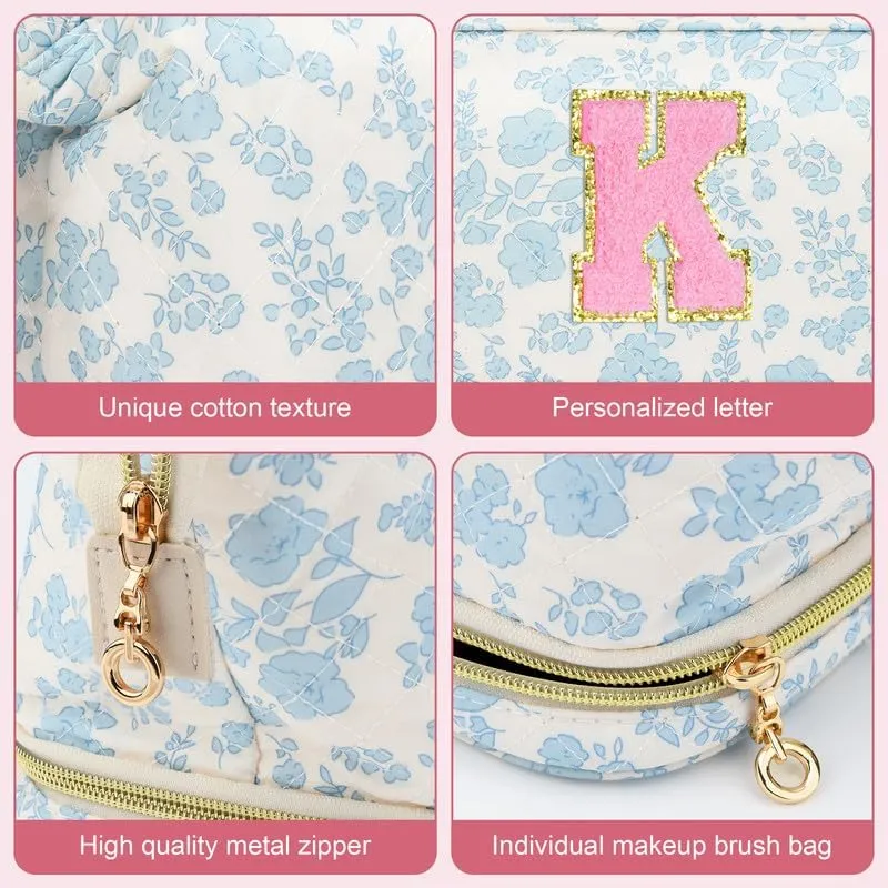 Personalized Makeup Bag Initial Graduation Gifts, Teen Girl Gifts Trendy Stuff Cosmetic Bag, Teacher Appreciation Gift, Travel Make up Bag for Women Dance Recital Gift for Girls - Blue flower A