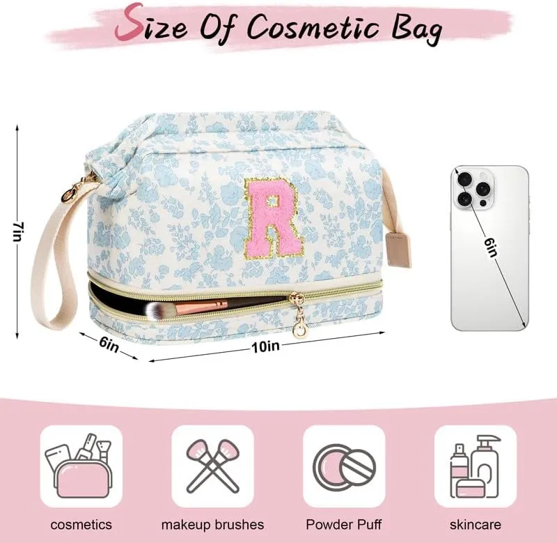 Personalized Makeup Bag Initial Graduation Gifts, Teen Girl Gifts Trendy Stuff Cosmetic Bag, Teacher Appreciation Gift, Travel Make up Bag for Women Dance Recital Gift for Girls - Blue flower A