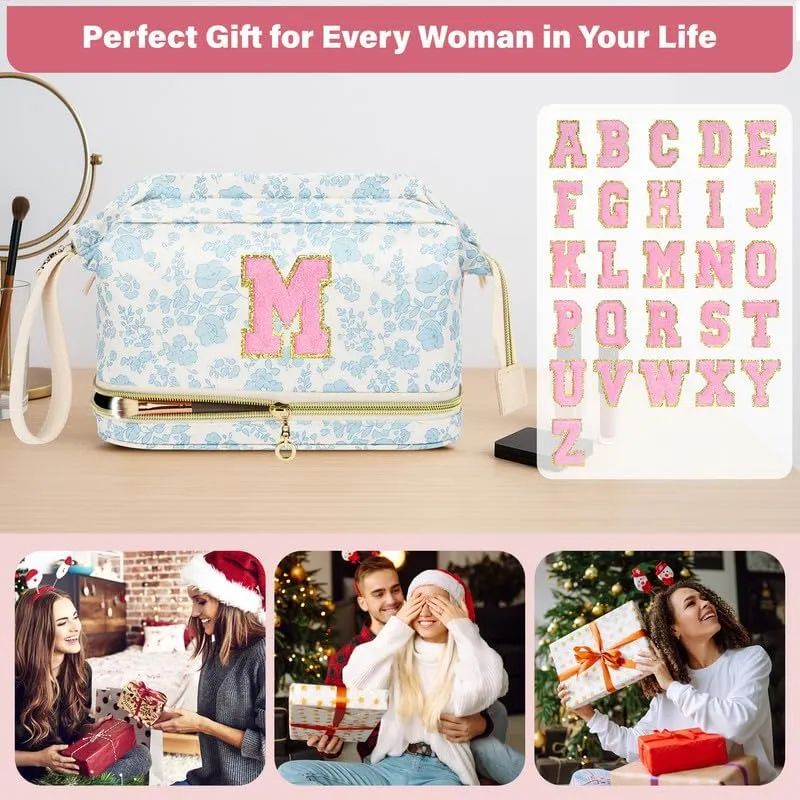 Personalized Makeup Bag Initial Graduation Gifts, Teen Girl Gifts Trendy Stuff Cosmetic Bag, Teacher Appreciation Gift, Travel Make up Bag for Women Dance Recital Gift for Girls - Blue flower A