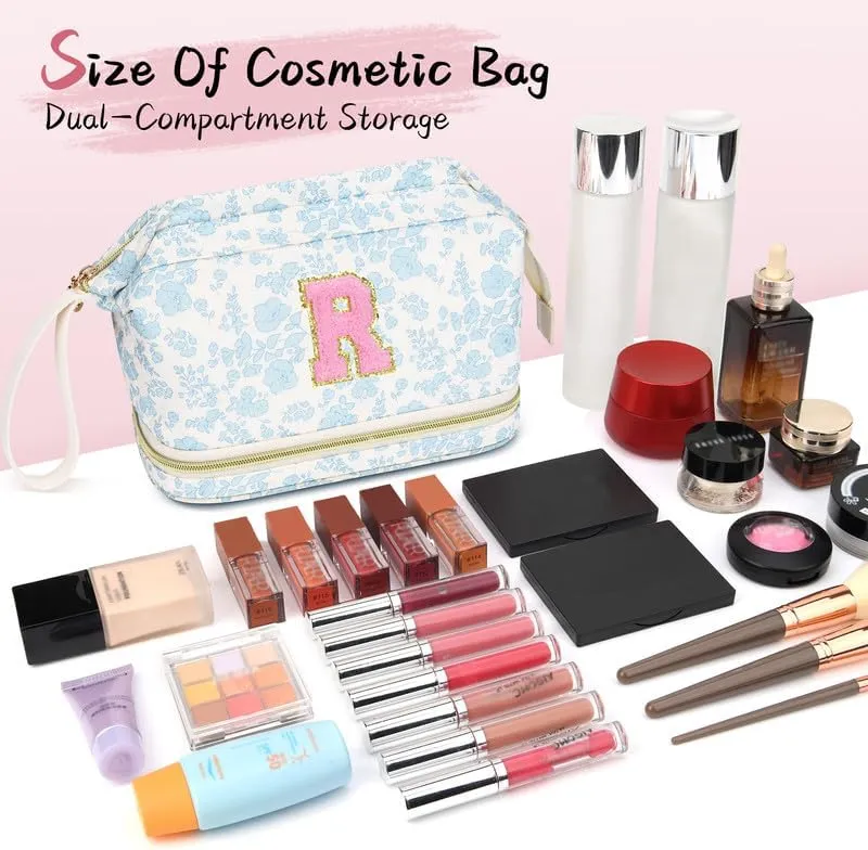 Personalized Makeup Bag Initial Graduation Gifts, Teen Girl Gifts Trendy Stuff Cosmetic Bag, Teacher Appreciation Gift, Travel Make up Bag for Women Dance Recital Gift for Girls - Blue flower A