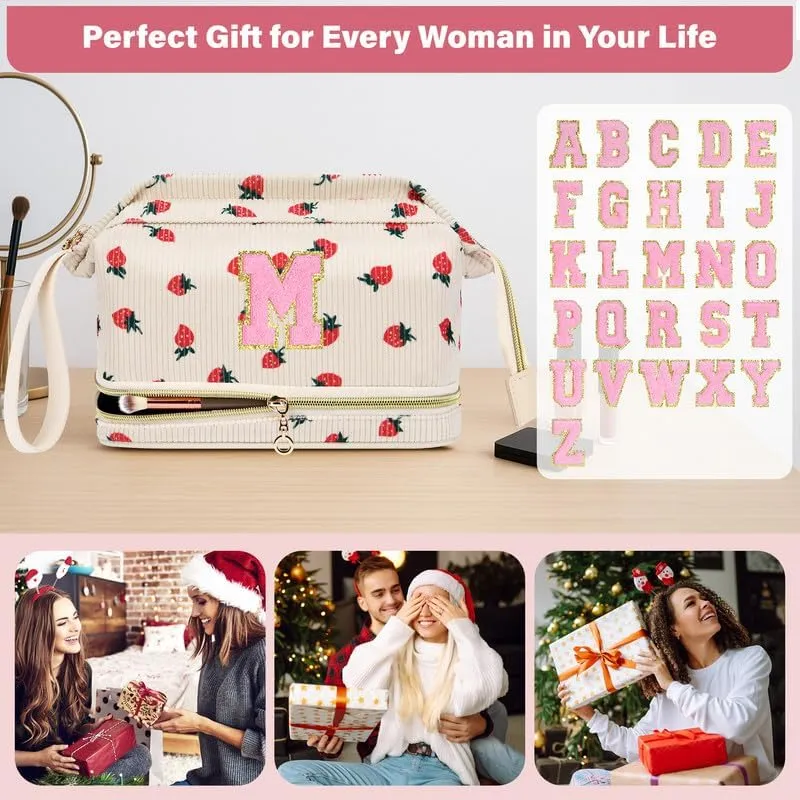 Personalized Makeup Bag Initial Graduation Gifts, Teen Girl Gifts Trendy Stuff Cosmetic Bag, Teacher Appreciation Gift, Travel Make up Bag for Women Dance Recital Gift for Girls - Strawberry A