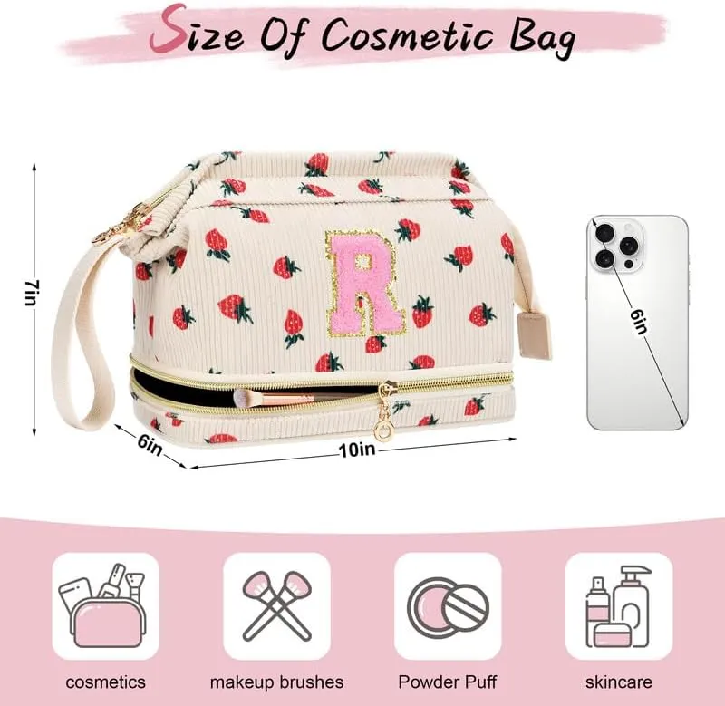 Personalized Makeup Bag Initial Graduation Gifts, Teen Girl Gifts Trendy Stuff Cosmetic Bag, Teacher Appreciation Gift, Travel Make up Bag for Women Dance Recital Gift for Girls - Strawberry A
