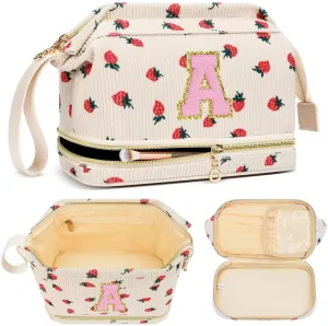 Personalized Makeup Bag Initial Graduation Gifts, Teen Girl Gifts Trendy Stuff Cosmetic Bag, Teacher Appreciation Gift, Travel Make up Bag for Women Dance Recital Gift for Girls - Strawberry A