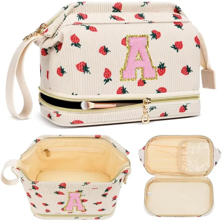 Personalized Makeup Bag Initial Graduation Gifts, Teen Girl Gifts Trendy Stuff Cosmetic Bag, Teacher Appreciation Gift, Travel Make up Bag for Women Dance Recital Gift for Girls - Strawberry A