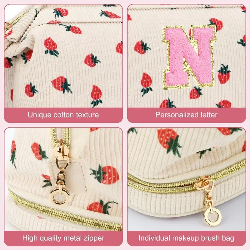 Personalized Makeup Bag Initial Graduation Gifts, Teen Girl Gifts Trendy Stuff Cosmetic Bag, Teacher Appreciation Gift, Travel Make up Bag for Women Dance Recital Gift for Girls - Strawberry A