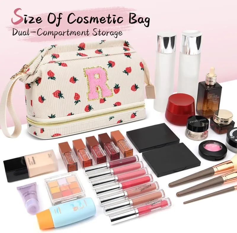 Personalized Makeup Bag Initial Graduation Gifts, Teen Girl Gifts Trendy Stuff Cosmetic Bag, Teacher Appreciation Gift, Travel Make up Bag for Women Dance Recital Gift for Girls - Strawberry A