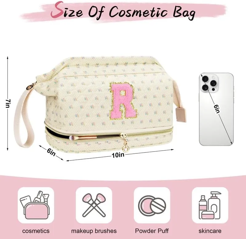 Personalized Makeup Bag Initial Graduation Gifts, Teen Girl Gifts Trendy Stuff Cosmetic Bag, Teacher Appreciation Gift, Travel Make up Bag for Women Dance Recital Gift for Girls - Yellow flower A