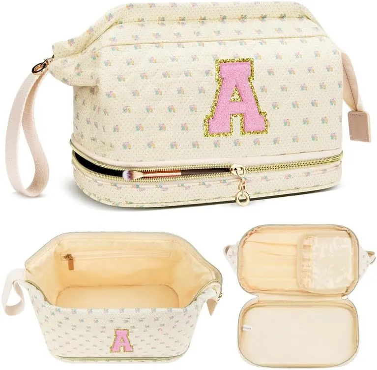 Personalized Makeup Bag Initial Graduation Gifts, Teen Girl Gifts Trendy Stuff Cosmetic Bag, Teacher Appreciation Gift, Travel Make up Bag for Women Dance Recital Gift for Girls - Yellow flower A