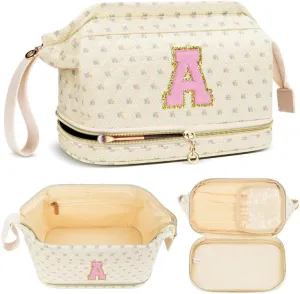 Personalized Makeup Bag Initial Graduation Gifts, Teen Girl Gifts Trendy Stuff Cosmetic Bag, Teacher Appreciation Gift, Travel Make up Bag for Women Dance Recital Gift for Girls - Yellow flower A