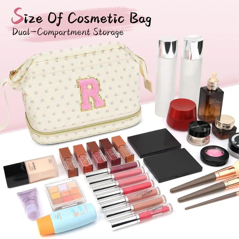 Personalized Makeup Bag Initial Graduation Gifts, Teen Girl Gifts Trendy Stuff Cosmetic Bag, Teacher Appreciation Gift, Travel Make up Bag for Women Dance Recital Gift for Girls - Yellow flower A