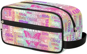 Personalized Travel Cosmetic Bag Waterproof Makeup Bags Butterflies, Custom Name Organizer Case Toiletries Container Bag Colorful Rainbow Glitter