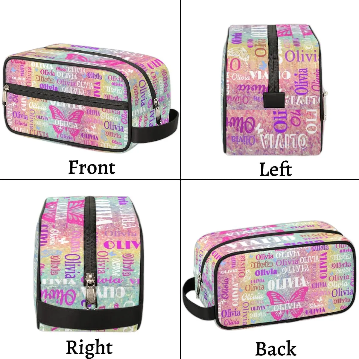 Personalized Travel Cosmetic Bag Waterproof Makeup Bags Butterflies, Custom Name Organizer Case Toiletries Container Bag Colorful Rainbow Glitter