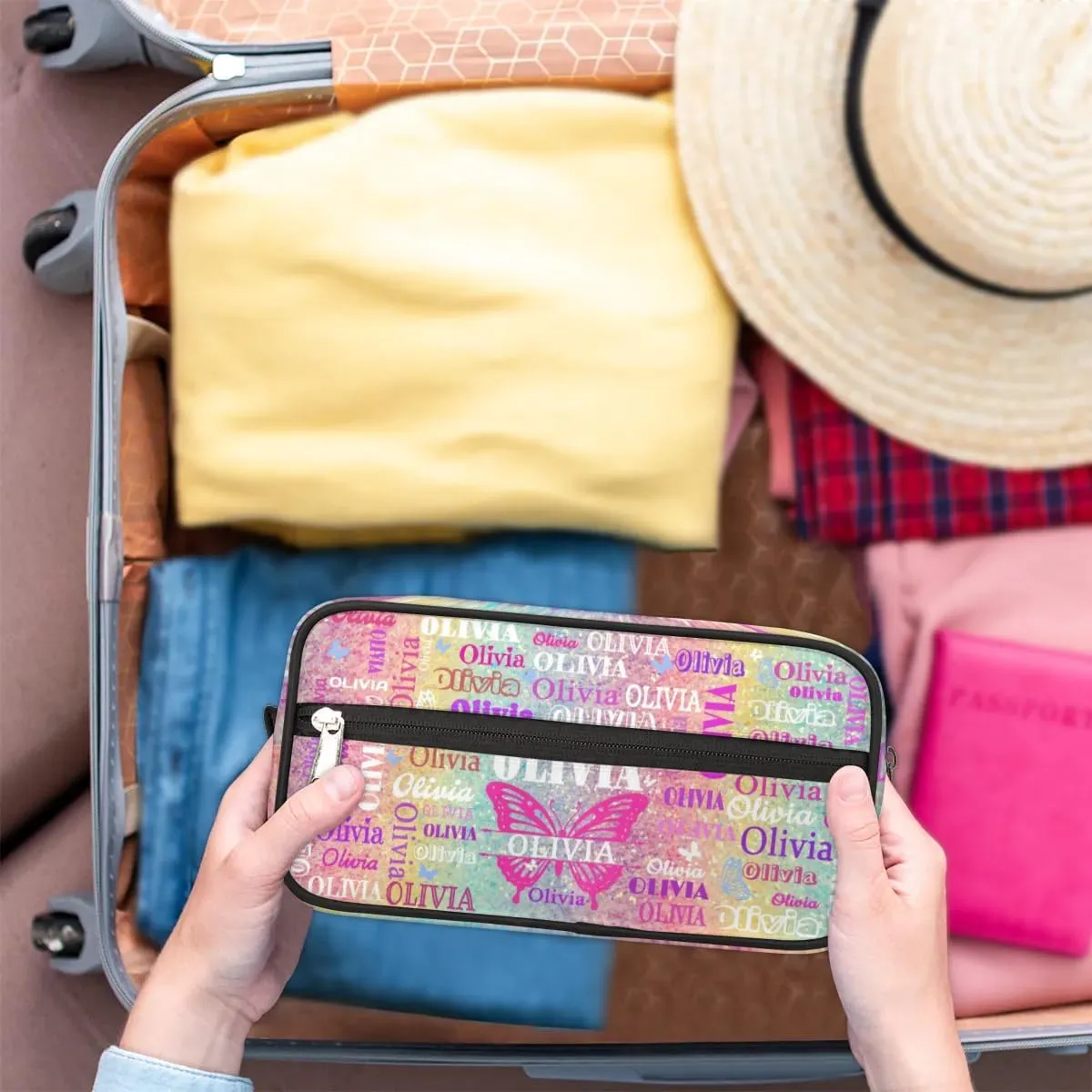 Personalized Travel Cosmetic Bag Waterproof Makeup Bags Butterflies, Custom Name Organizer Case Toiletries Container Bag Colorful Rainbow Glitter