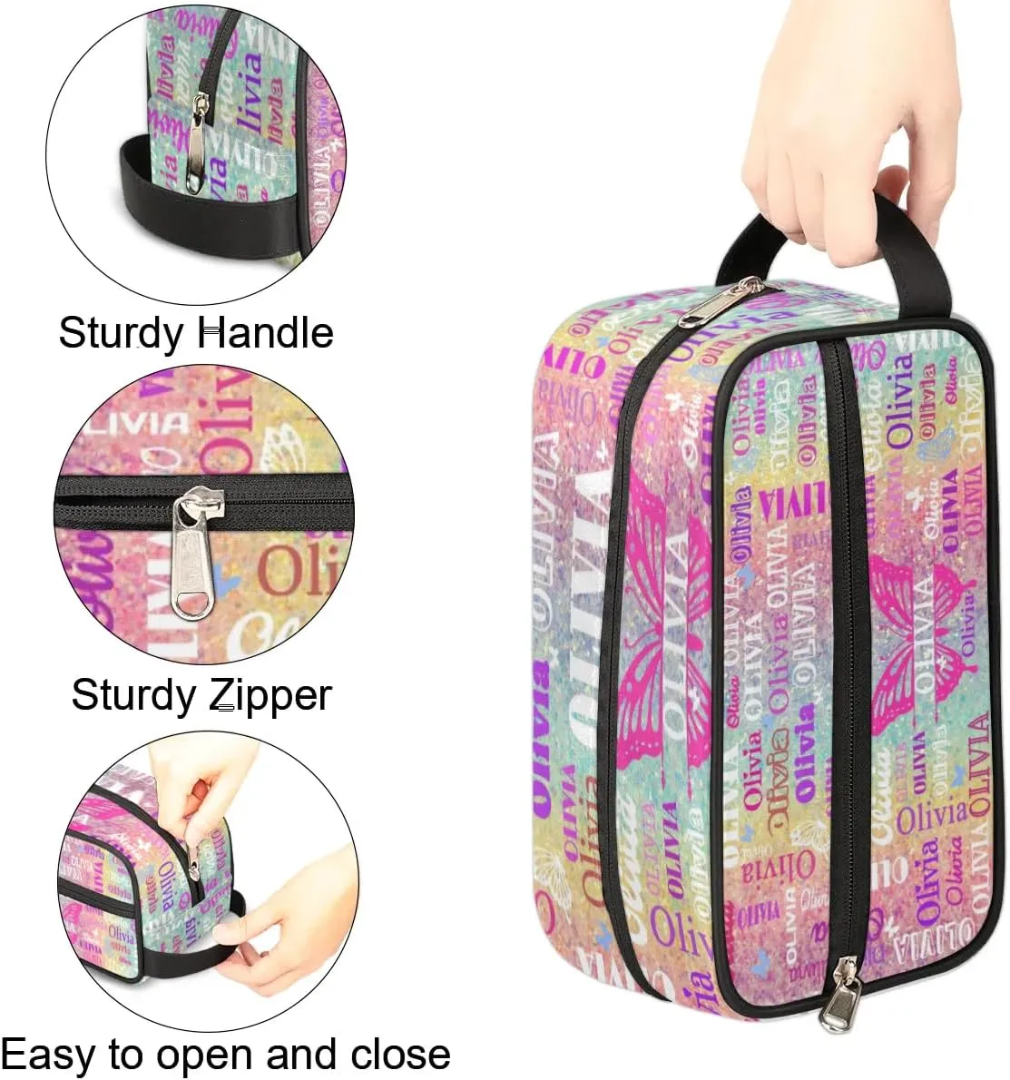 Personalized Travel Cosmetic Bag Waterproof Makeup Bags Butterflies, Custom Name Organizer Case Toiletries Container Bag Colorful Rainbow Glitter