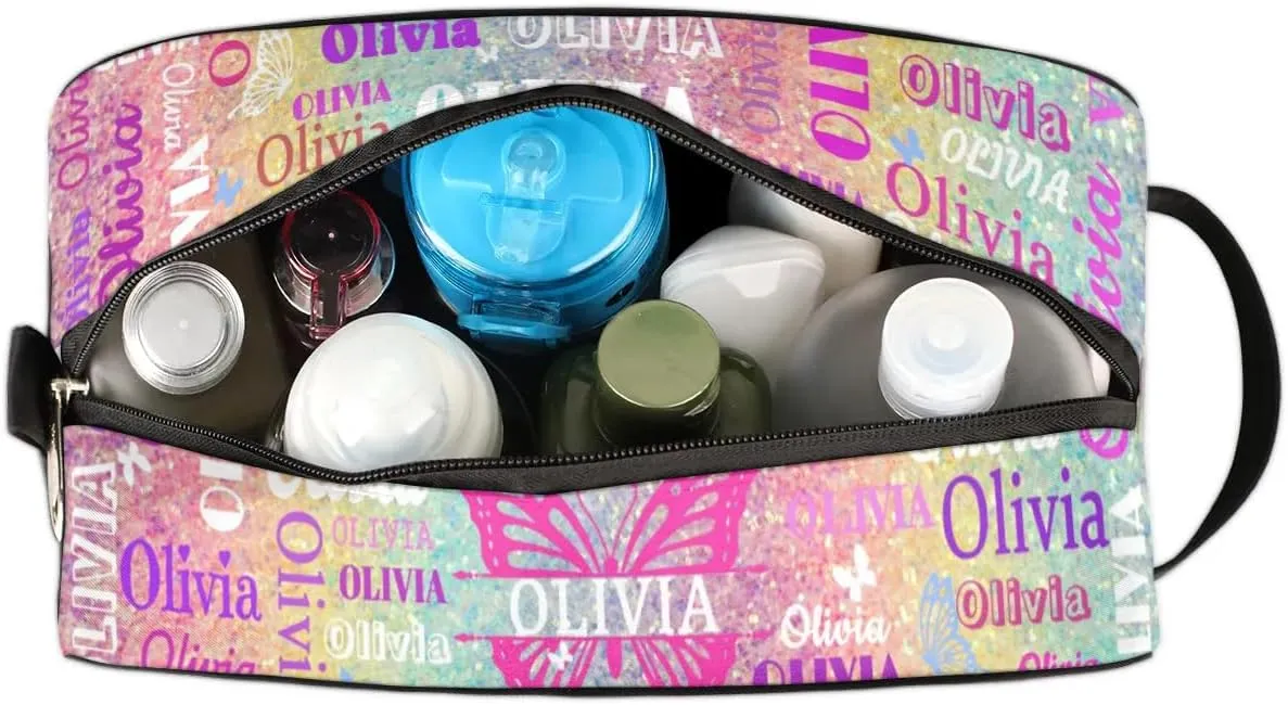 Personalized Travel Cosmetic Bag Waterproof Makeup Bags Butterflies, Custom Name Organizer Case Toiletries Container Bag Colorful Rainbow Glitter