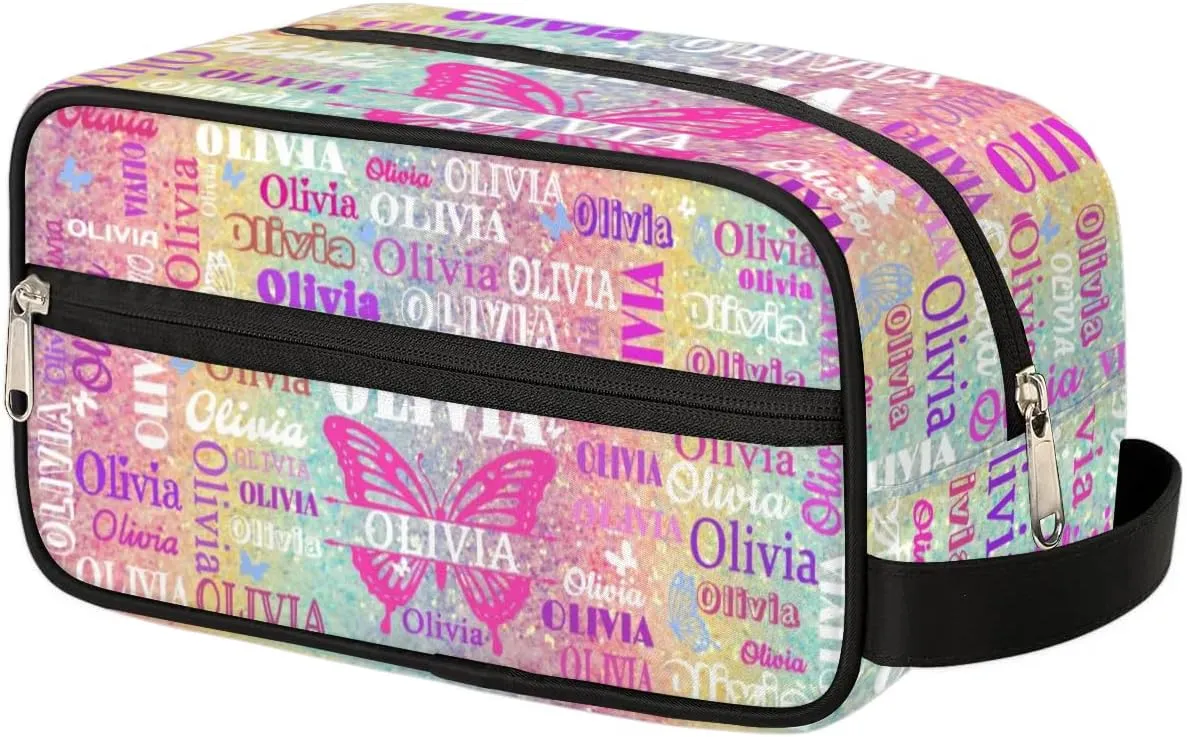Personalized Travel Cosmetic Bag Waterproof Makeup Bags Butterflies, Custom Name Organizer Case Toiletries Container Bag Colorful Rainbow Glitter