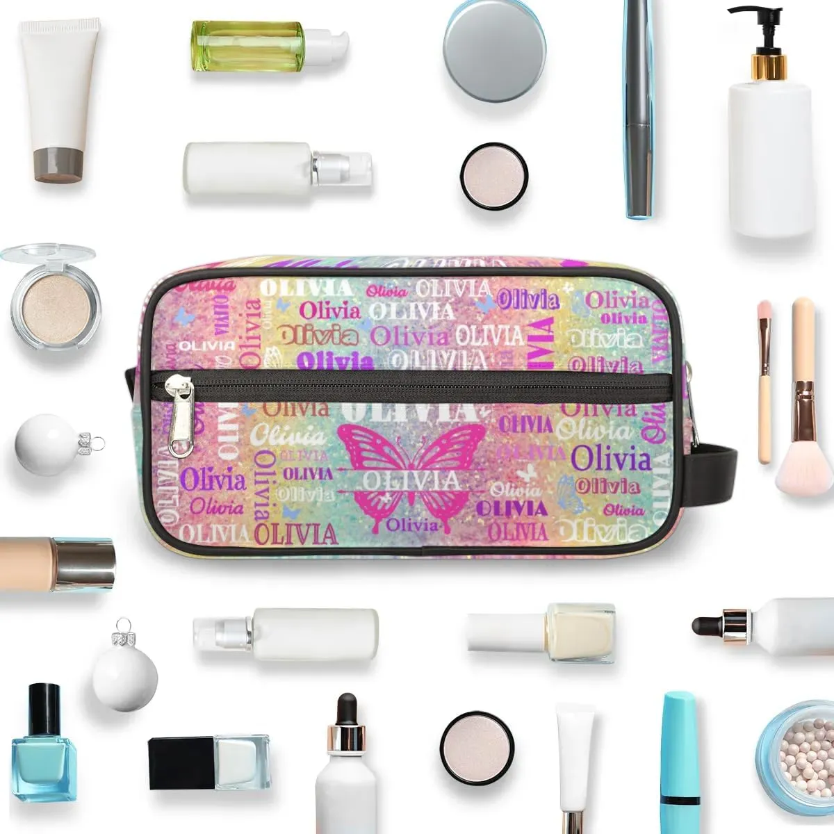 Personalized Travel Cosmetic Bag Waterproof Makeup Bags Butterflies, Custom Name Organizer Case Toiletries Container Bag Colorful Rainbow Glitter