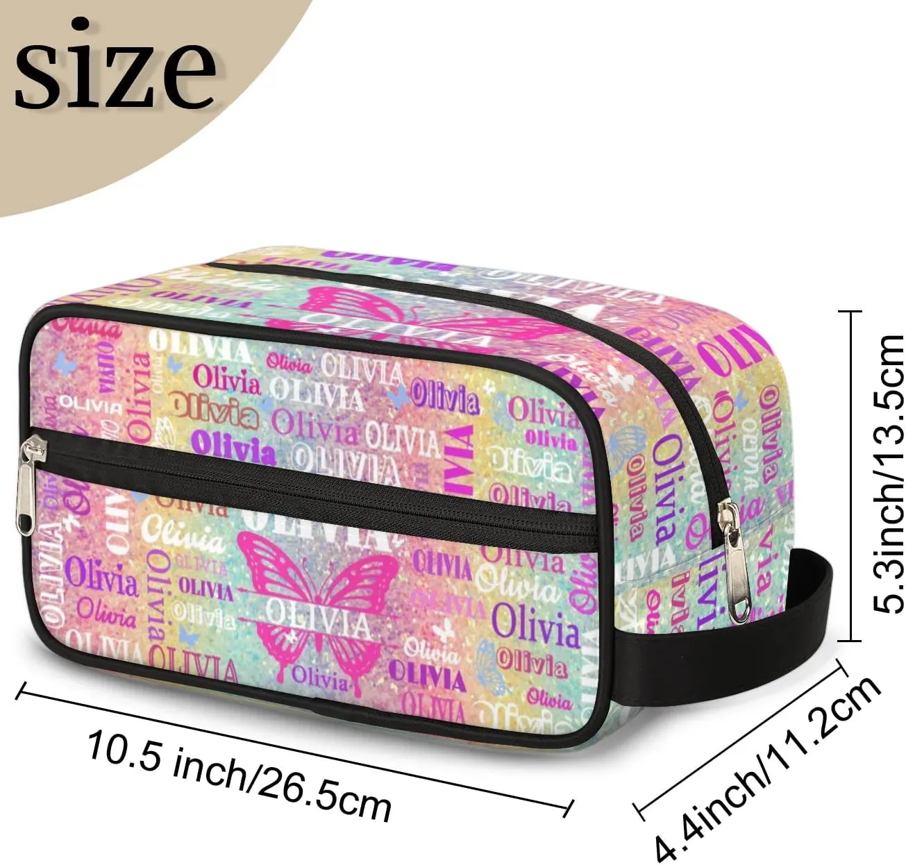 Personalized Travel Cosmetic Bag Waterproof Makeup Bags Butterflies, Custom Name Organizer Case Toiletries Container Bag Colorful Rainbow Glitter