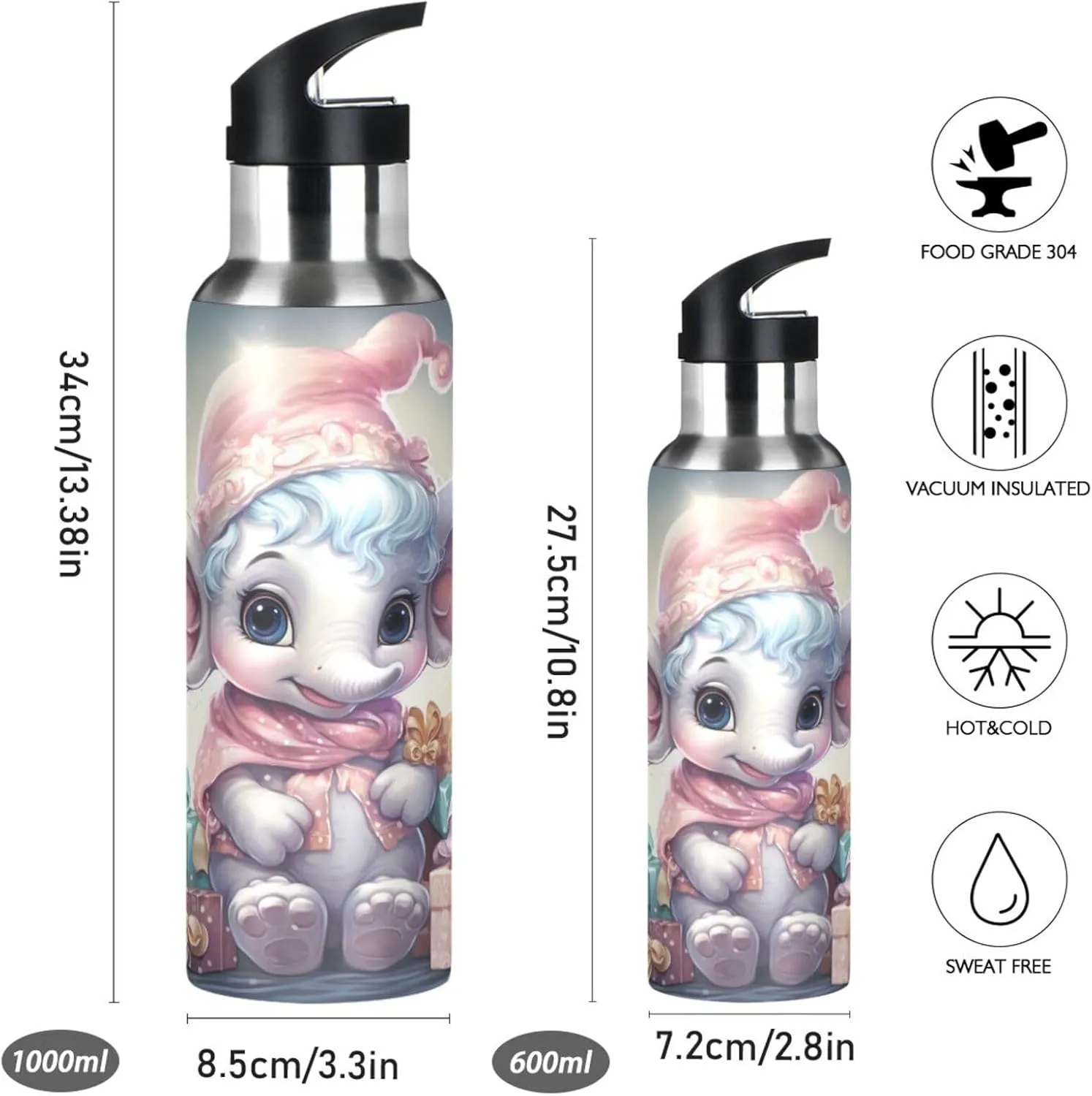 Pink Funny Elephant Sport Water Bottle Insulated Stainless Steel Large Vacuum Flask Leak Proof Thermos with Straw for Travel(600ml/1000ml)