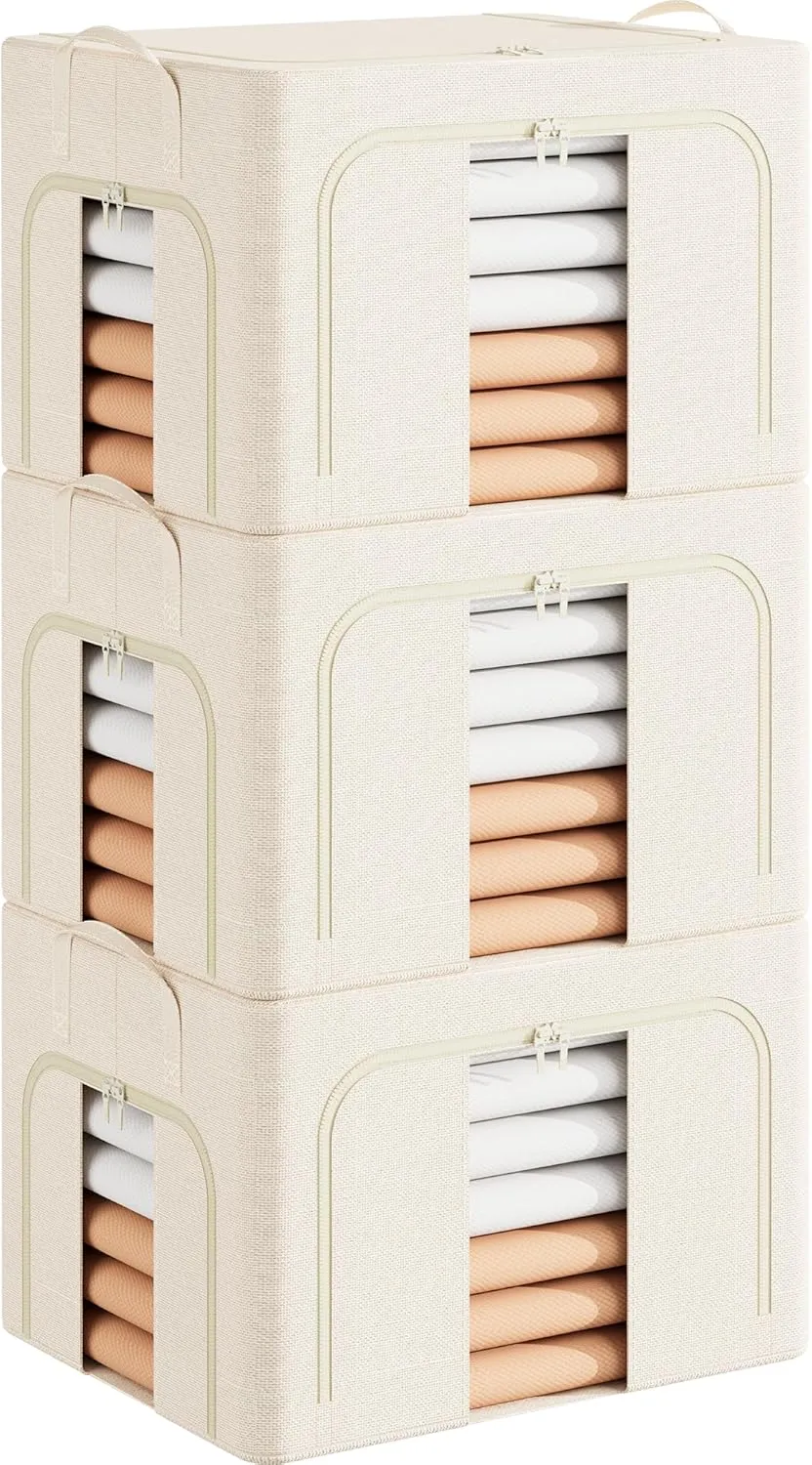 Pinkpum 3 Pack Clothes Storage Bins with Metal Frame, Closet Organizers and Storage Boxes, Stackable & Foldable Clothes Organizer Bags with Large Clear Window & Long Carry Handles, Beige 40L