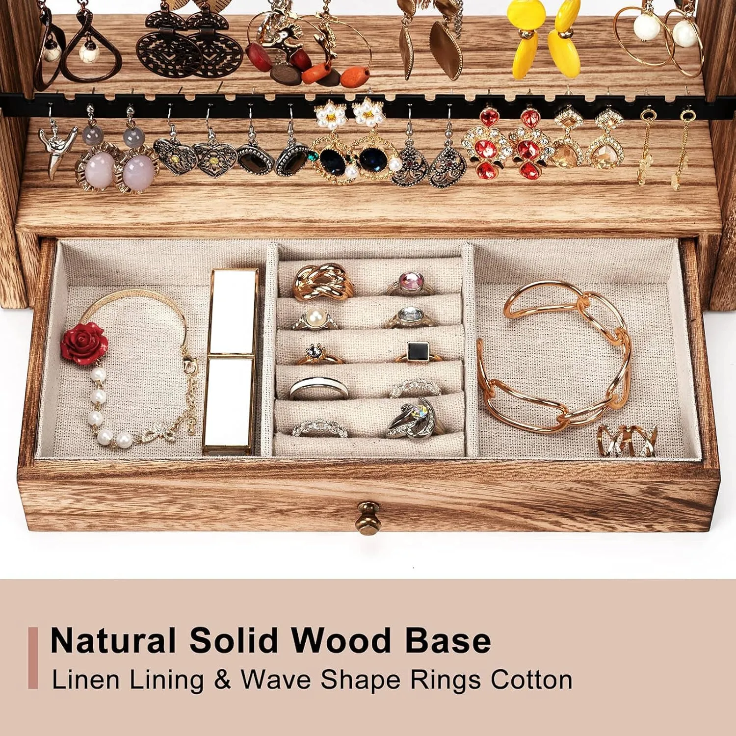 Pinzoveco Earring Organizer, 5 Layer Earring Holder Organizer with Necklace Holder Pole, Rustic Wood Jewelry Organizer Stand Display for Stud Earring Bracelet Necklace Ring, 175 Earring Holes