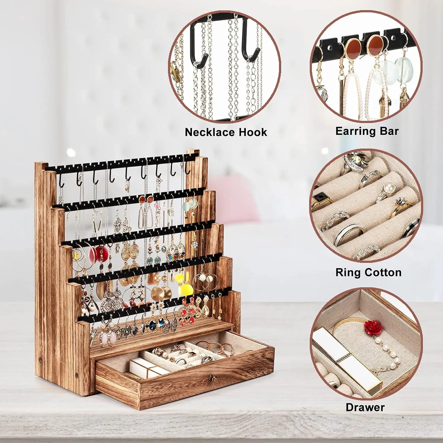 Pinzoveco Earring Organizer, 5 Layer Earring Holder Organizer with Necklace Holder Pole, Rustic Wood Jewelry Organizer Stand Display for Stud Earring Bracelet Necklace Ring, 175 Earring Holes
