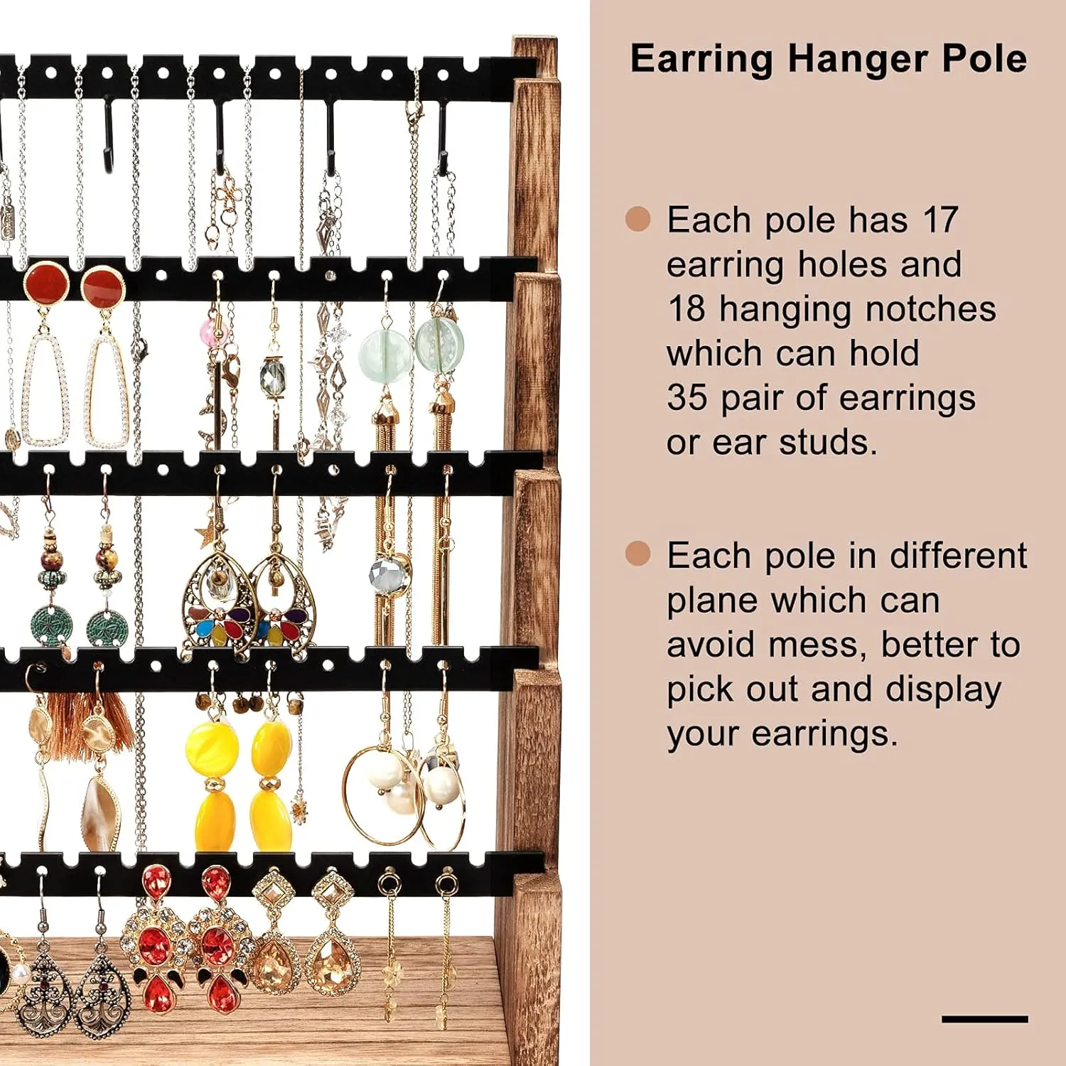 Pinzoveco Earring Organizer, 5 Layer Earring Holder Organizer with Necklace Holder Pole, Rustic Wood Jewelry Organizer Stand Display for Stud Earring Bracelet Necklace Ring, 175 Earring Holes