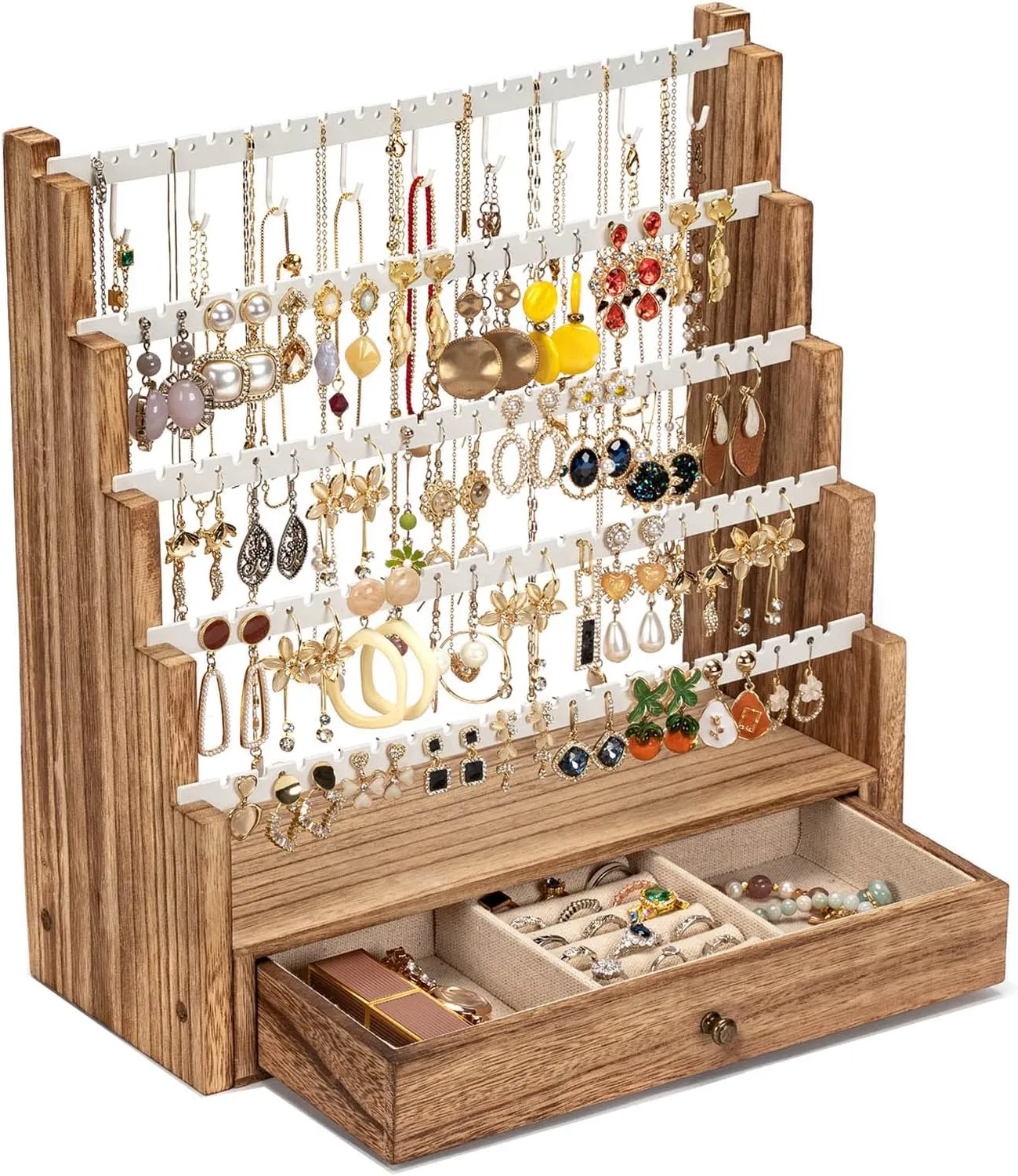 Pinzoveco Earring Organizer, 5 Layer Earring Holder Organizer with Necklace Holder Pole, Rustic Wood Jewelry Organizer Stand Display for Stud Earring Bracelet Necklace Ring, 175 Earring Holes
