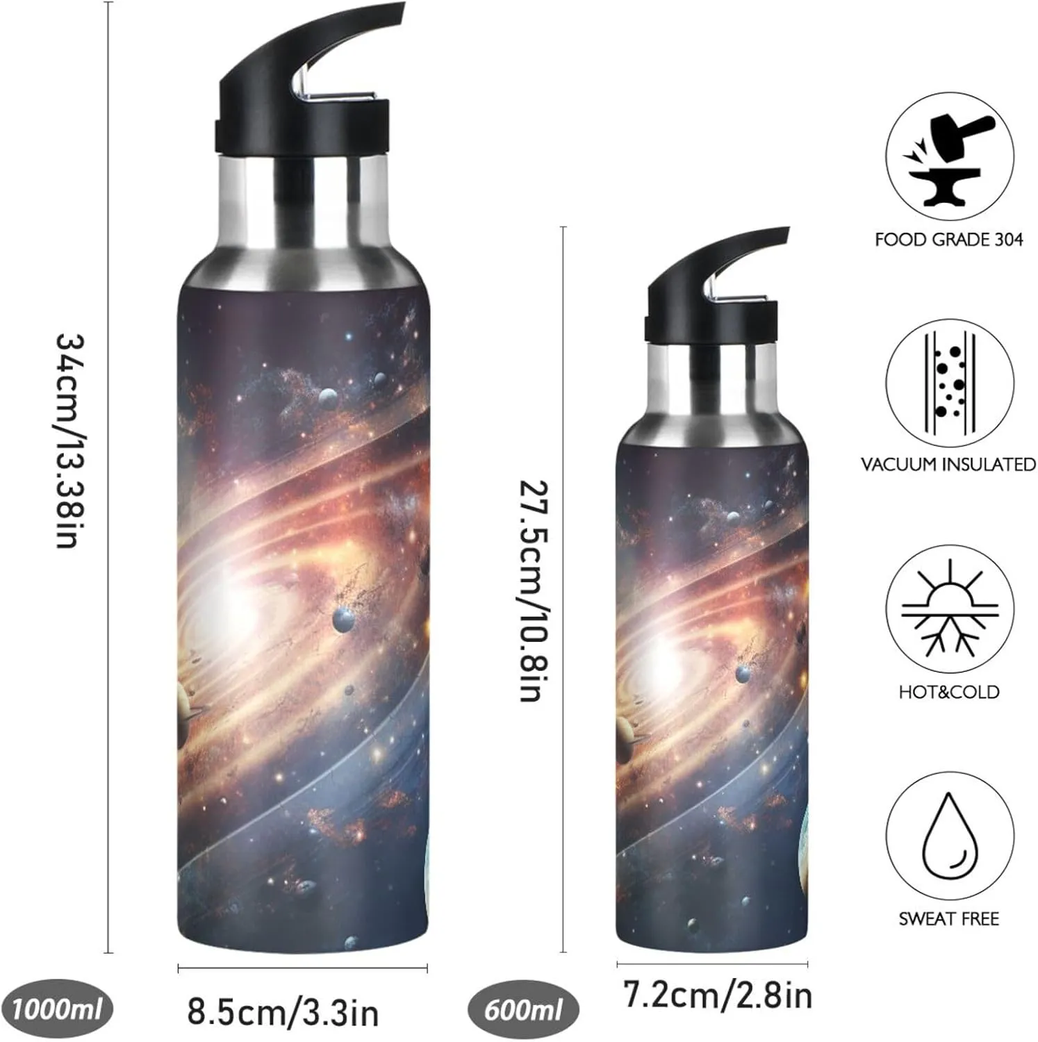 Planet Solar System Print Sports Bottle with Straw and Carry Loop for Gym, Camping, Workout, and Outdoors，Insulated Water Bottle Jug for All Day Hydration