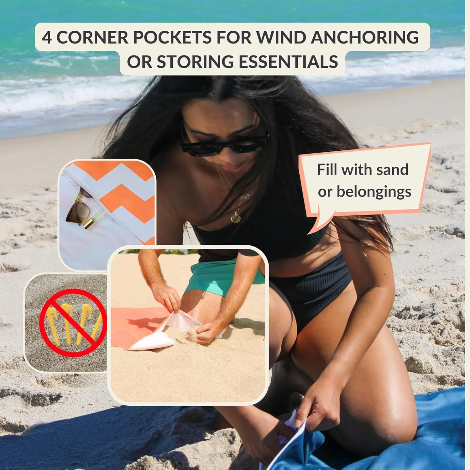 Plush Microfiber Beach Blanket, Extra Large Beach Mat for 3-6 Persons, Sandproof, Windproof | Hole for Umbrella, Corner Sand Pockets to Fight Wind (Bag for Blanket Included)